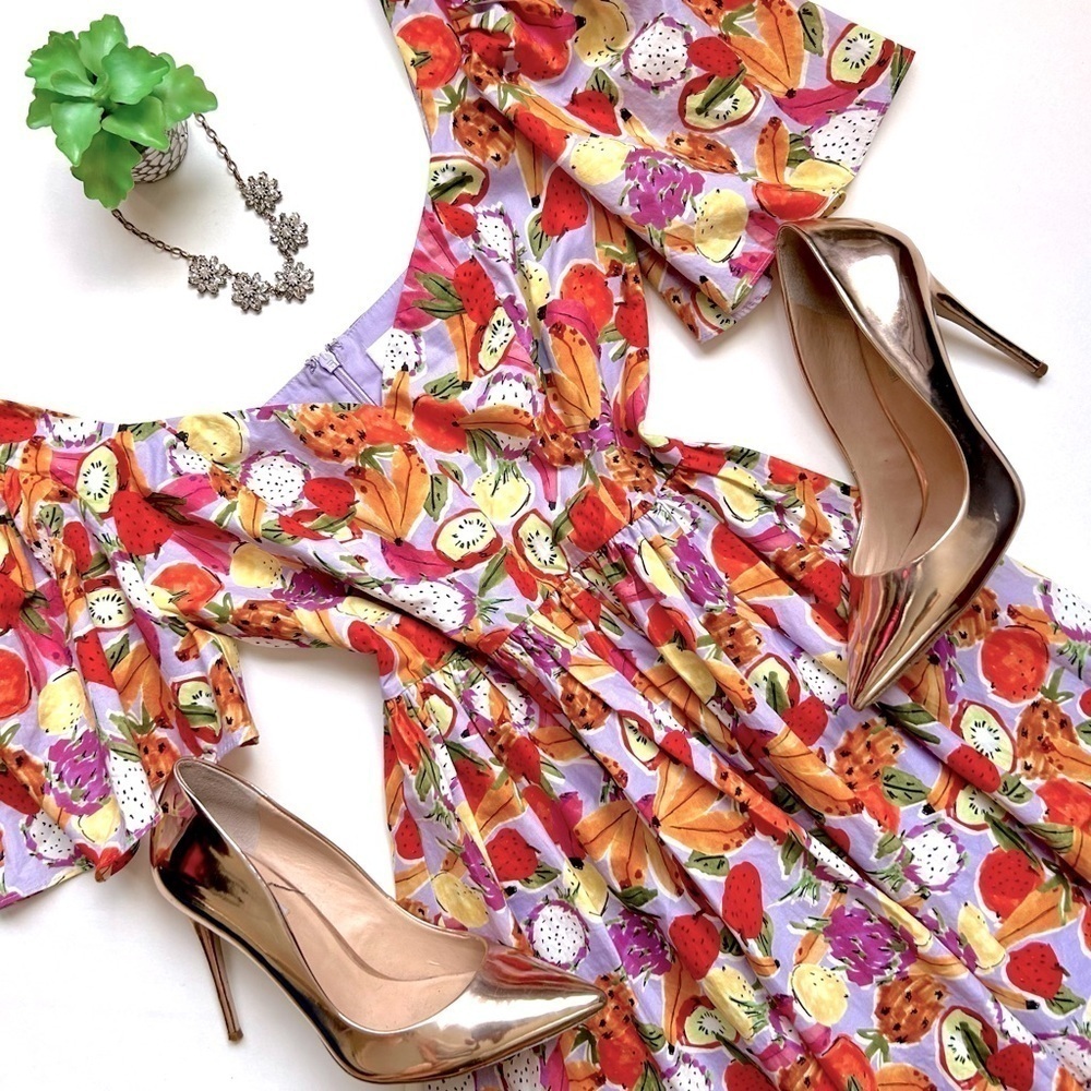 Fame and Partners Aidan Puff Sleeve Mini Dress Tropical Lilac Fruit Print Size 2